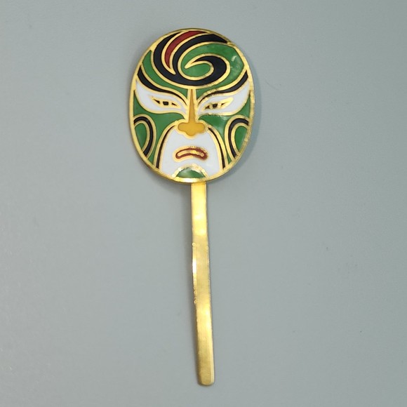 Japanese Bookmark Vintage Kabuki Theatre Mask Goldtone Clip Book Placard - Picture 3 of 4